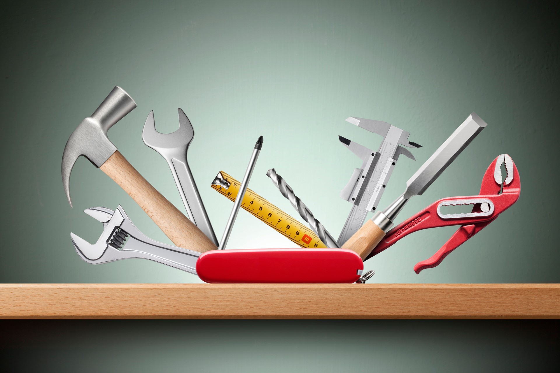 Swiss universal knife with tools on shelf